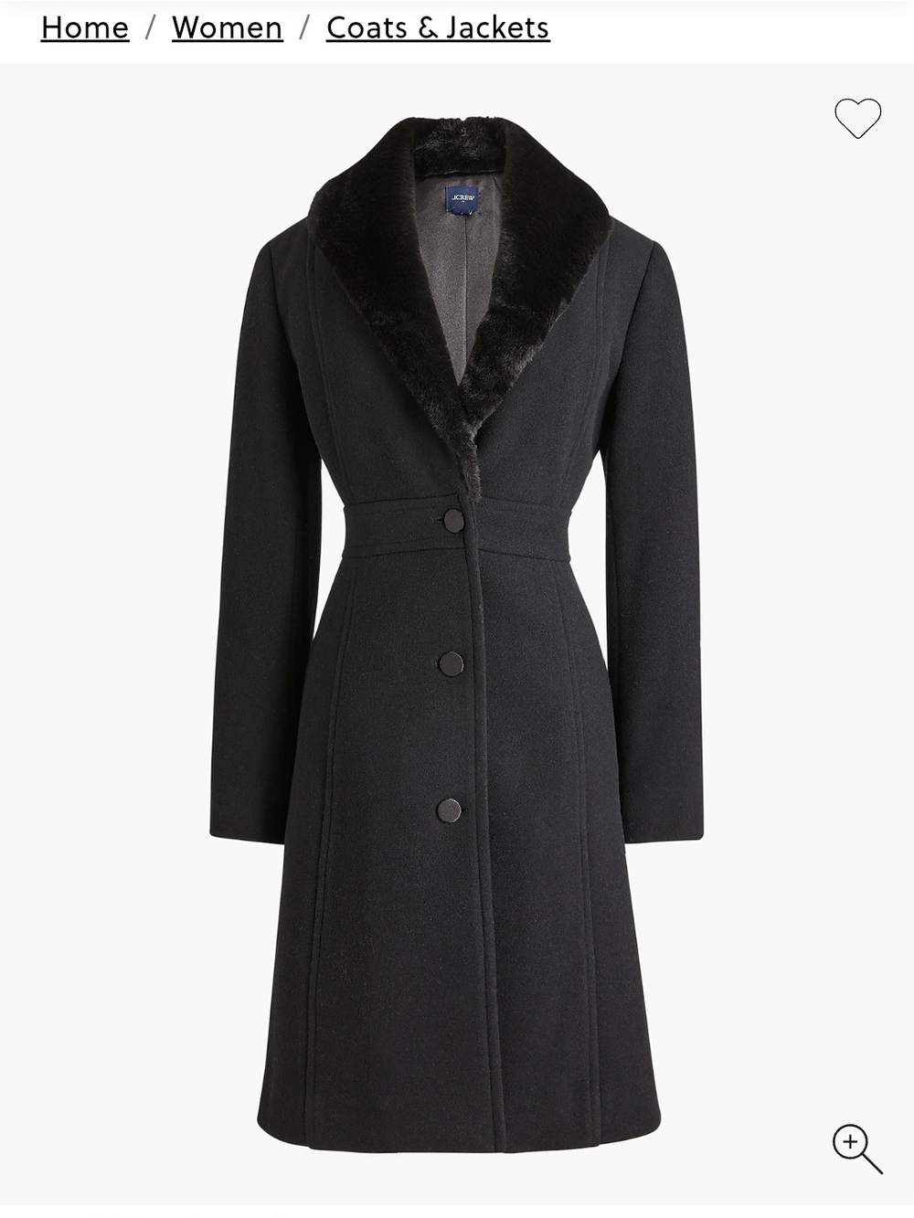 J. Crew Black Lady Day Coat with Faux-Fur Collar